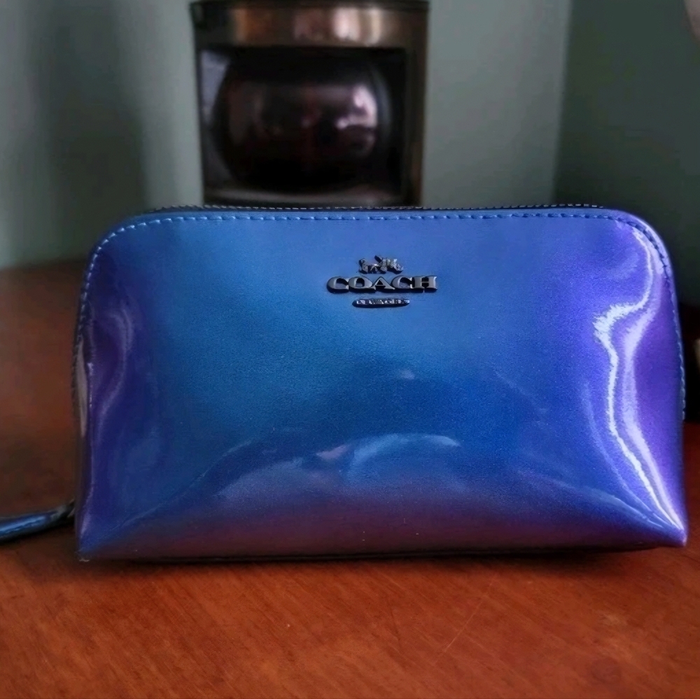 Coach F29412 Holographic Blue Purple Patent Leather Cosmetic Pouch Bag